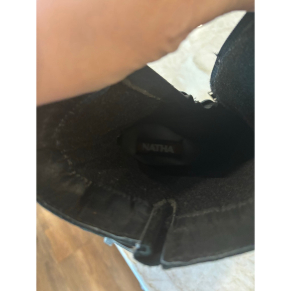 NATHA Black Leather Moto Boots with White Stitching US 11 main image 8